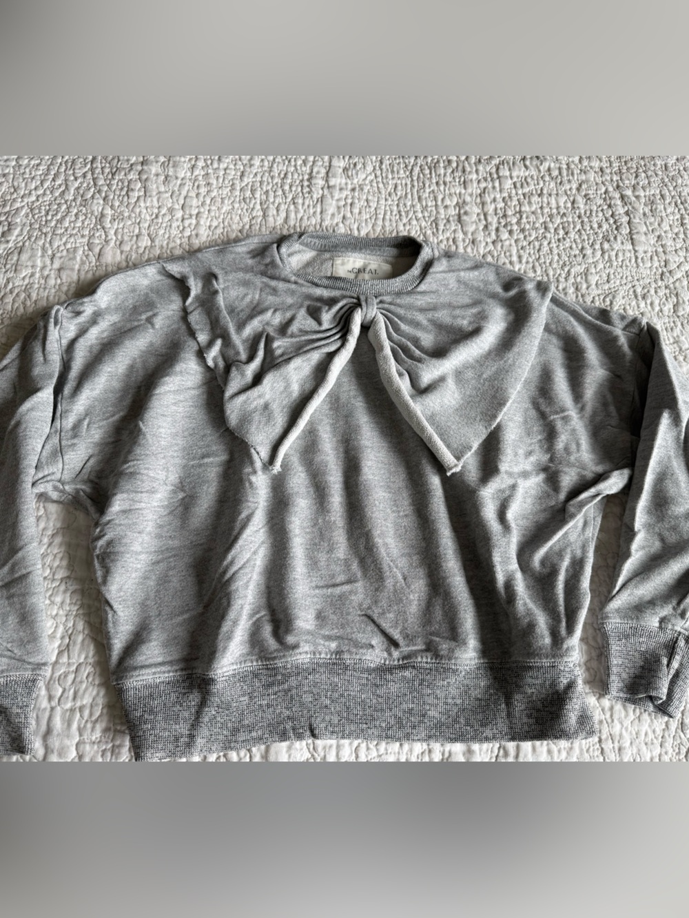 THE GREAT. Light Gray Twist-Front Pullover with bow